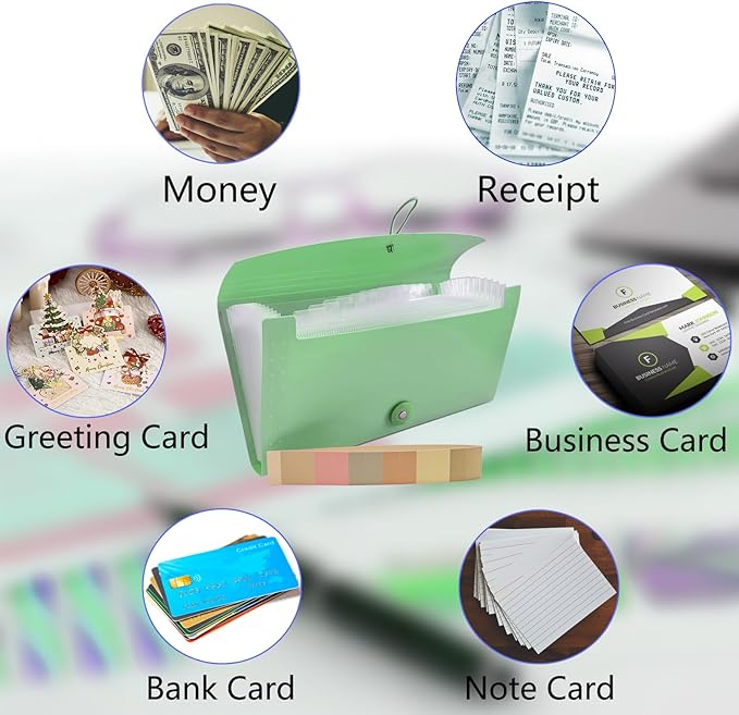 Small Accordion File Organizer - 13 Pocket Expanding Folder for Receipts, Bills, and Envelopes - Money Saving Binder (Green)
