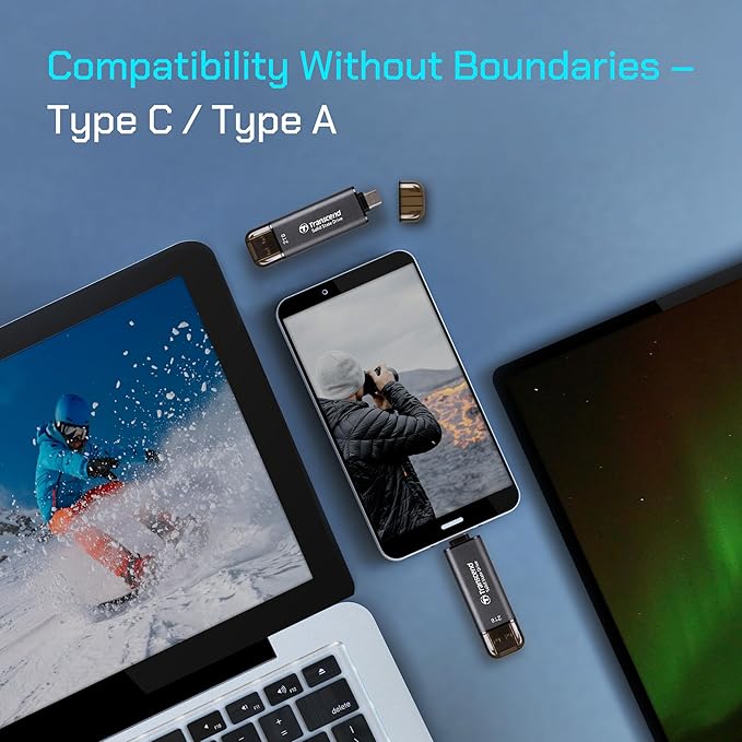 Transcend 1TB External SSD, Up to 1,050MB/s, Dual USB Drive for Pixel10, Tesla, iPhone17,16,15&iPad&Mac/Steam Deck/ROG Ally/MSI Claw/Android/PS5/Smart TV, 2-in-1 Type C &A, USB 3.2 Gen2 Portable SSD