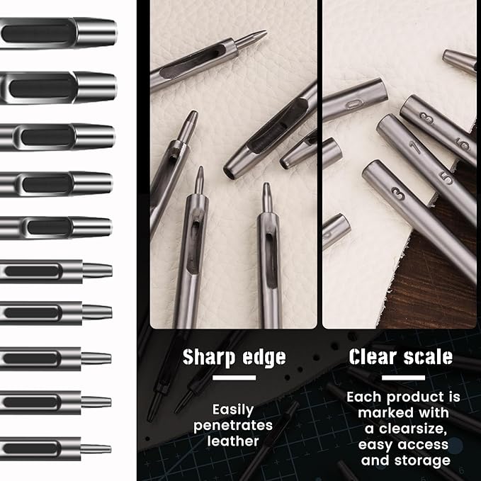 10 Pcs Leather Hole Punch Cutter 0.5mm-3.5mm Hollow Punch Set for Leather Crafting Round Hollow Tools for Watch Bands Belts Canvas Paper Rubber Soft Material Working