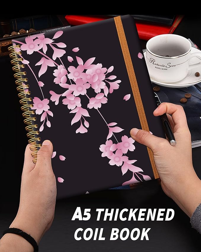 Ruled Spiral Writing Notebook,A5 Hardcover Lined College Journal for Women,Strong Twin-Wire Binding with Premium Paper,8.4" X 6",Perfect for School,Office,Home(Cherry Blossom)