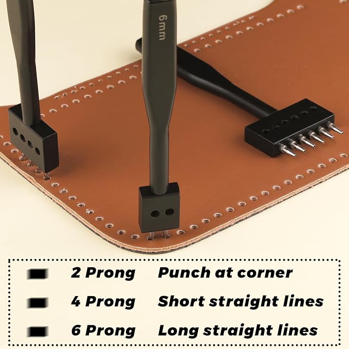 Leather Hole Punch, Prong Punch Tool 6mm 2/4/6 Lacing Stitching Punch, Round Hole Prong Stitching Chisel Set Leatherworking Tools for Leathercraft
