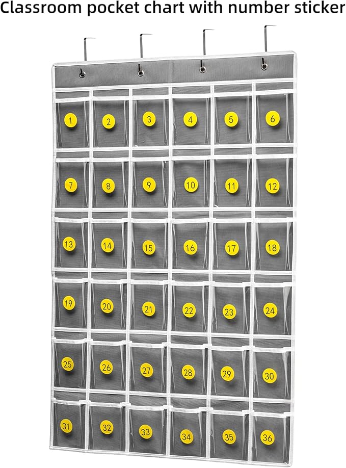 36 Clear Pockets Classroom Pocket Chart for Cell Phones and Calculator Holder, Pocket Chart for Classroom Phone Holder with Number Stickers and Hooks (Grey)