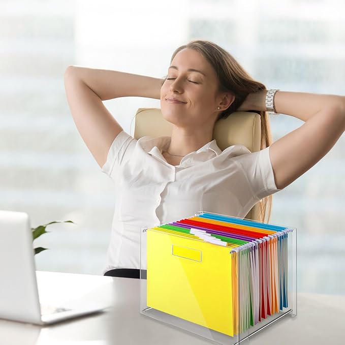 24 Hanging File Folder with Acrylic Organizer for Letter/a4 Size Desktop Clear File Storage Box with Handles for Home Work Office Use(Rainbow,Classic)