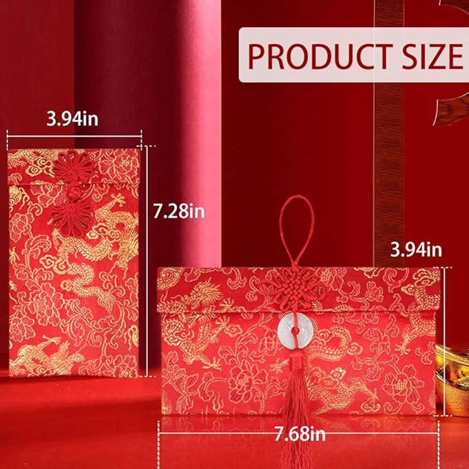 4 Pieces Silk Red Envelope Chinese Red Pocket Lucky Money Hong Bao Card Envelope for Spring Festival Wedding New Year Birthday, 4 Styles with Chinese Knot Jade Pendant Copper Coin (4)