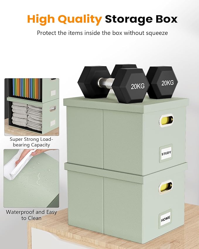 Oterri File Organizer Box,Filing Box with Lid,File Box for Letter/Legal File Folder Storage, Portable Hanging File Box for Office/Decor/Home,1 Pack, Grey-green(Leather),Box only