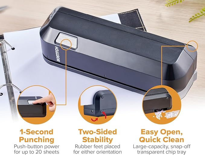 Bostitch Office Electric 3-Hole Punch, Dual Paper Loading, Heavy Duty, Jam-Free 20 Sheet Capacity, AC Adapter or Battery Powered, Space Saving, Black, (EHP20-BLK)