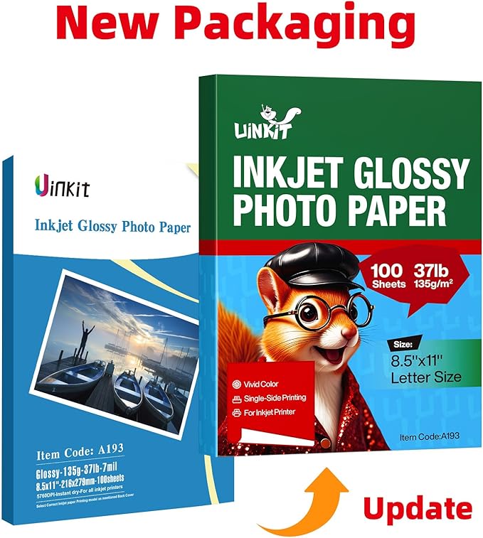 Uinkit 37lb Thin Flyer Paper Glossy 8.5x11 Inkjet 100 Sheets Single Side DIY Chip Bag 135gsm Printer Picture for Inkjet Printer with Dye Ink Letter size A4 Brochure (8.5X11X100)