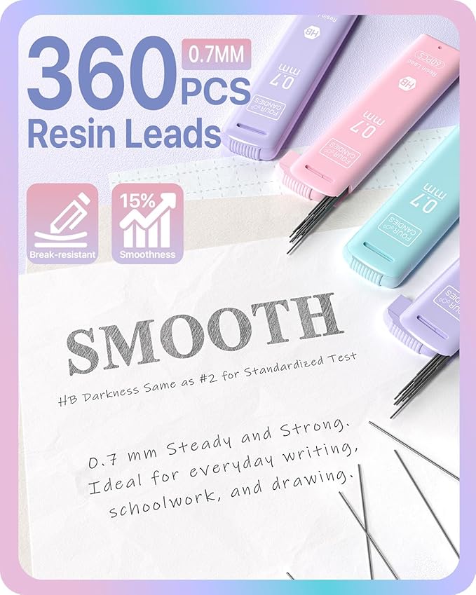 Four Candies Cute Mechanical Pencils 0.7mm, Pencil Set with 360PCS Lead Refills & Pastel Erasers, School Supplies with Case