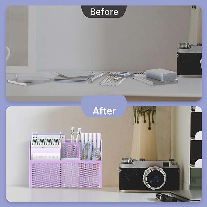 DALTACK Magnetic Pencil Holder - 3-Grid Mesh Shelf for Whiteboard, Refrigerator & Locker - Organizer for Home, School & Office, Purple