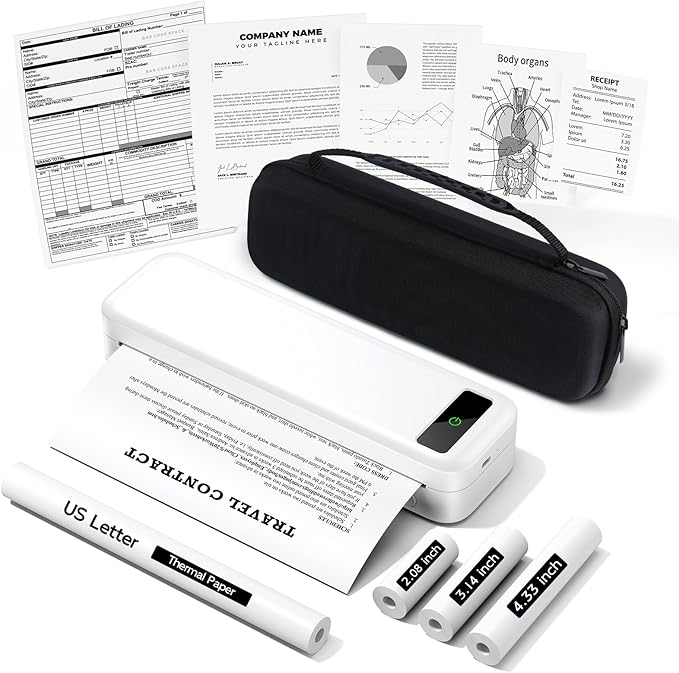Portable Printers Wireless for Travel, Bluetooth Inkless Thermal Printer, Support 8.5" X 11" US Letter & A4, Small Mobile Printer with Carry Case and 4 Rolls Thermal Paper Kit, for Home Car Receipt