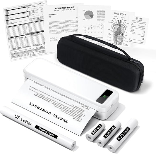 Portable Printers Wireless for Travel, Bluetooth Inkless Thermal Printer, Support 8.5" X 11" US Letter & A4, Small Mobile Printer with Carry Case and 4 Rolls Thermal Paper Kit, for Home Car Receipt