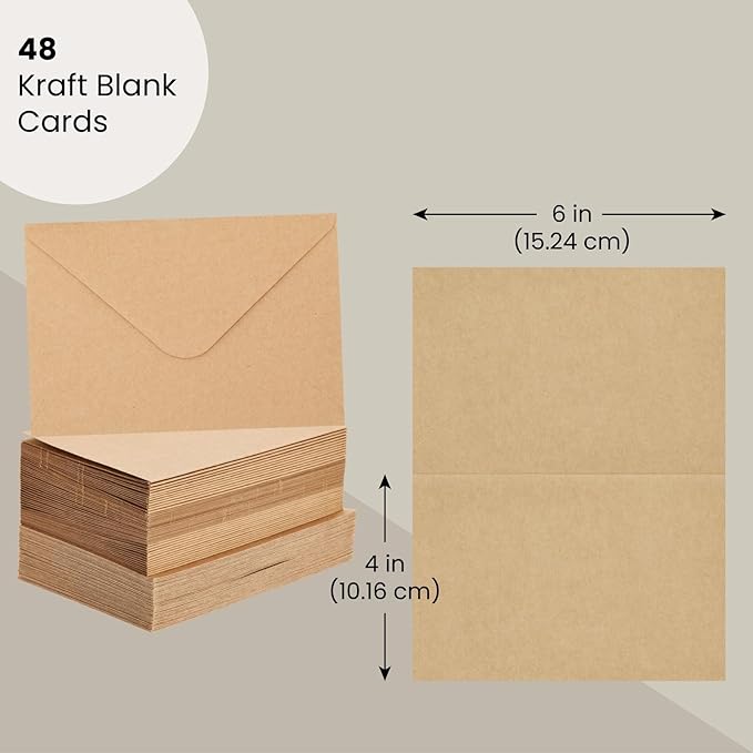 Wedding Card Set - 48 Count, 4 x 6 In Brown Kraft Cardstock - Blank Greeting Notes & Envelopes for DIY Invitations & Birthday Wishes
