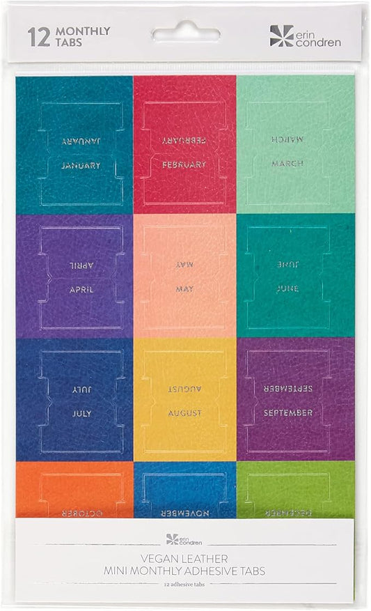 Erin Condren Vegan Leather Monthly Adhesive Tabs, Functional Planner Tabs for Organization, Sticky Index Page Markers, Journal and Notebook Accessories, Colorful + Platinum