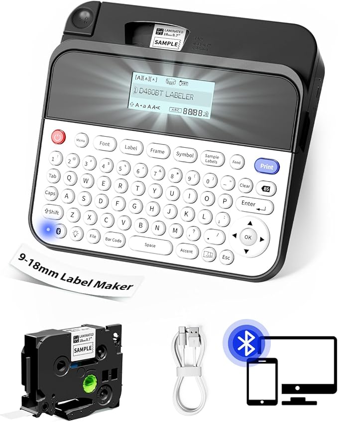 3/4 Inch Label Maker Machine with-Tape Waterproof, D480BT Bluetooth Rechargeable Label Maker Large Print with Keyboard, Connect PC & Phone, Backlit Screen, Create Via BZ Label 9mm~18mm