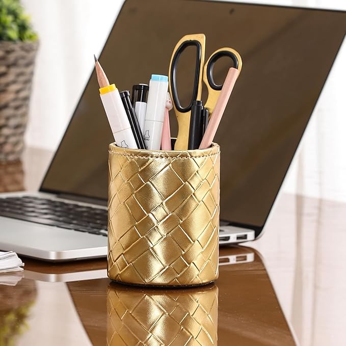Pencil Cup, PU Leather Pen Desktop Organizer for Cosmetics Office Supplies, Makeup Brushes Organizer Gold Grid PH111