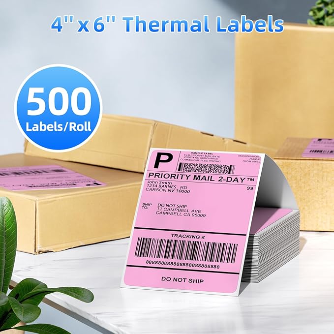 4x6 Pink Thermal Labels, 1 Packs of 500 4x6 Fold Labels - Compatible with JADENS, ASprink, Phomemo, Rollo, Zebra, Omezizy and Other Thermal Printers