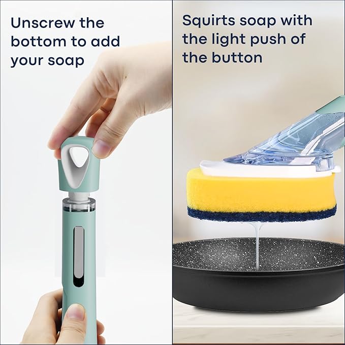 Dish Brush with Soap Dispenser Storage Set with 2 PCS Sponge Refills & Holder, Soap Dispensing Dish Brushes, Sponge with Soap Dispenser Handle, Dish Sponges with Handle for Dishes Pans Pots Sink