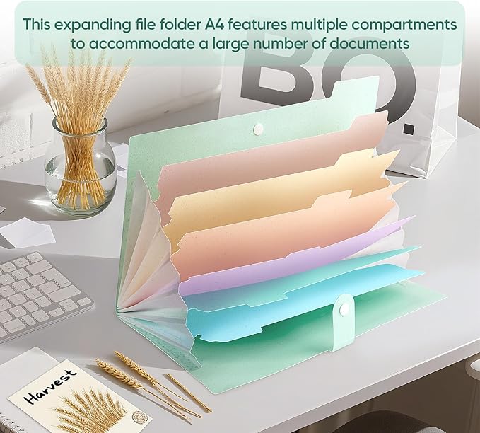 Accordion File Organizer with 7 Pockets,Eco-Friendly Wheat Straw Expanding File Folder,A4/Letter Size Portable Document Folder with Labels and Snap Closure for School Office College Supplies