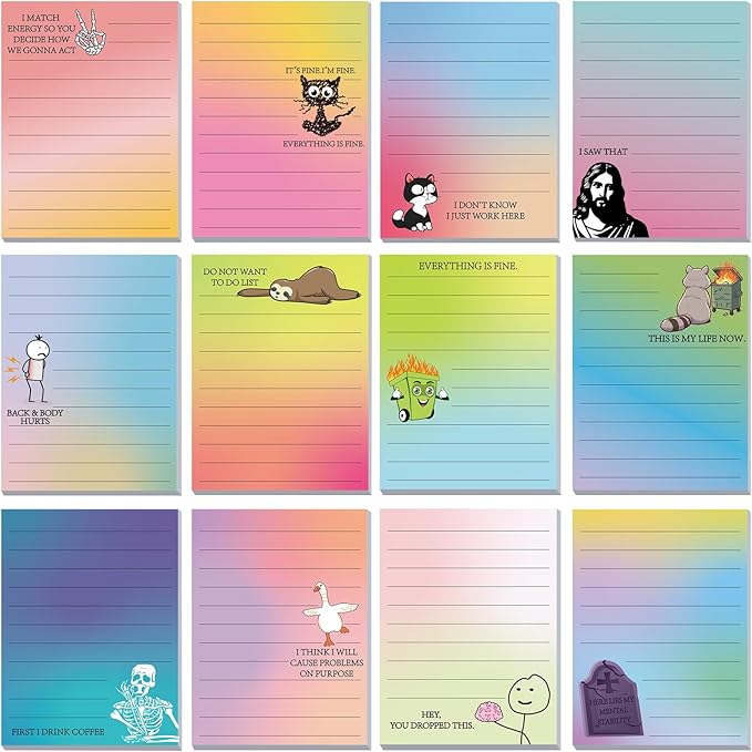 12 Pcs Funny Sticky Notes for Work 4x3 Inches Sarcastic Self Adhesive Notepads Novelty Memo Note Pads for Office Coworker Gifts Employee Appreciation Supplies(Funny,Multi Color)