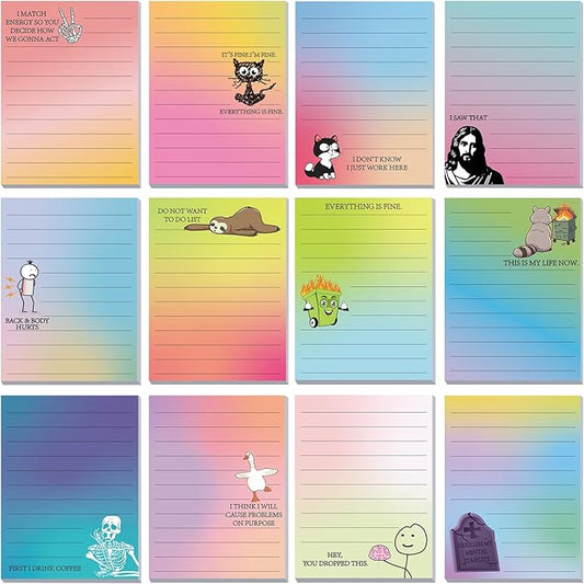 12 Pcs Funny Sticky Notes for Work 4x3 Inches Sarcastic Self Adhesive Notepads Novelty Memo Note Pads for Office Coworker Gifts Employee Appreciation Supplies(Funny,Multi Color)