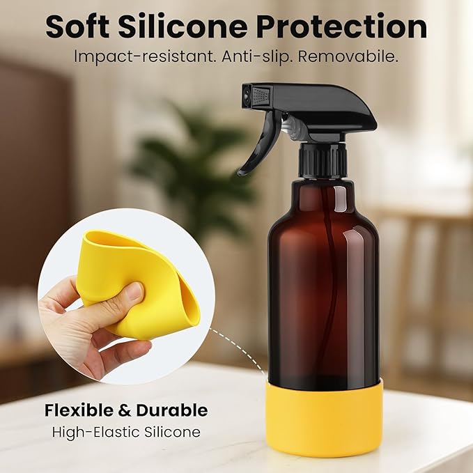 Glass Spray Bottles with Silicone Sleeve 16.9oz 2 Pack Empty Spray Bottle for Hair Mist/Stream Spraying for Cleaning Solutions, Plants, Essential Oils (Brown-grey&yellow)