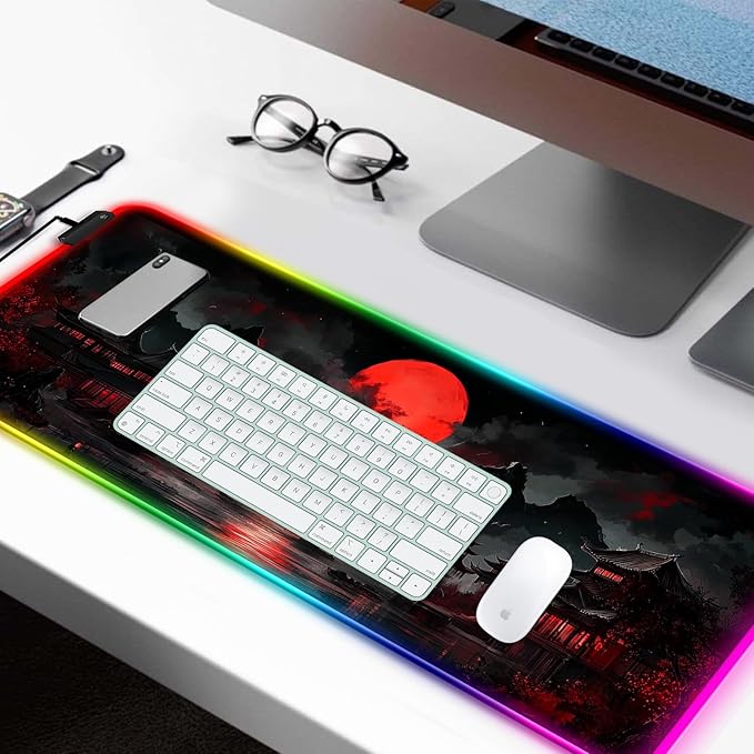 RGB Japanese Dreamy Lakescape Full Moon Gaming Desk Mat, Computer Keyboard Large Extended Long LED Mouse Pad for Office and Home, XL (W07)