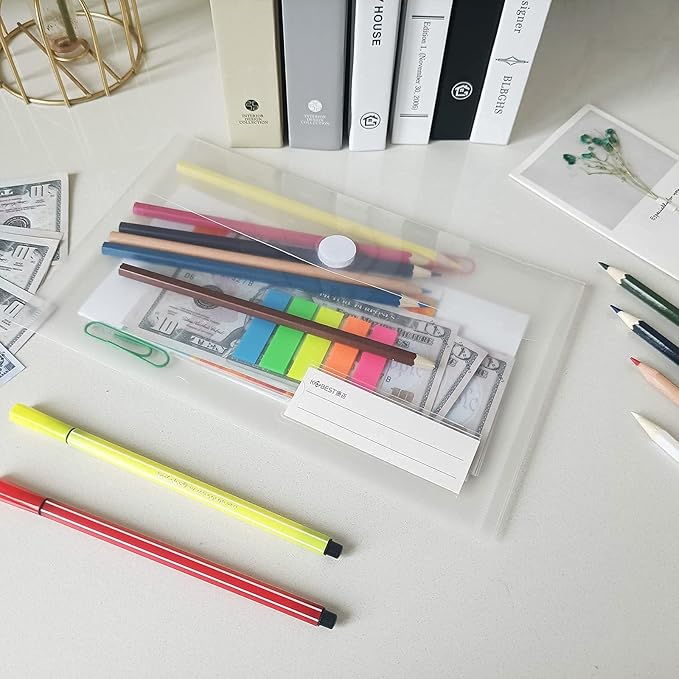 A5 Plastic Clear Envelopes Folder with Hook & Loop Closure 6x10" Invoice Receipt Cash Organization with Label Pocket 12pcs