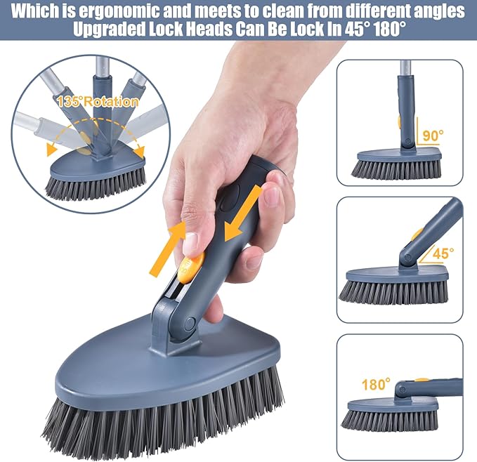 Shower Cleaning Brush,4 in 1 Tile Tub Shower Scrubber with 54.7'' Long Handle Stiff Bristles Sponge Brush Grout Brush Microfibe Pads for Bathroom Kitchen Toilet Wall Glass Tub Tile Sink