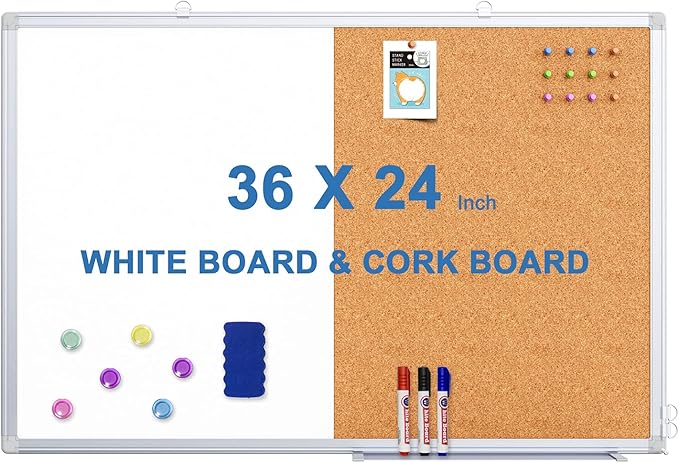 Magnetic White Board and Cork Board Combo, 36 X 24 inches Whiteboard Bulletin Combination Board, Wall Mounted Dry Erase Message Board for Home, School and Office