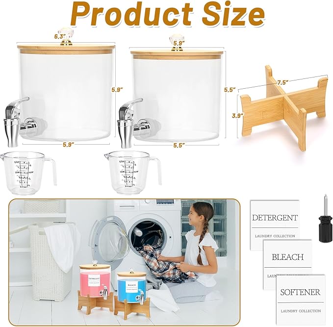 2Pcs Laundry Detergent Dispenser, Laundry Soap Dispenser with Stand, Faucets Acrylic Laundry Detergent Container for Laundry Room Liquid Detergent, Bleach, Fabric Softener Organization and Storage