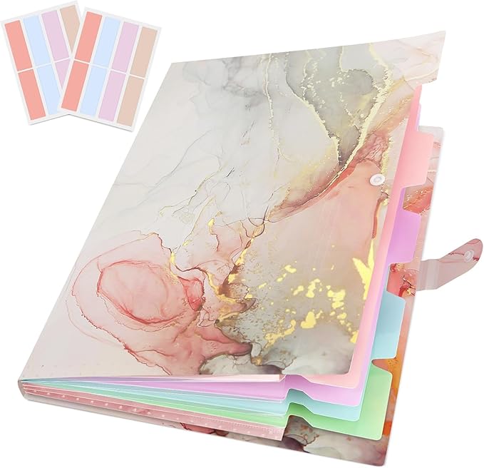 Expanding File Folder, Aesthetic Folders for School, Accordion File Organizer, Aesthetic Folder with Labels,5 Pockets Important Document Folders for School Office Home(Grey Gold)