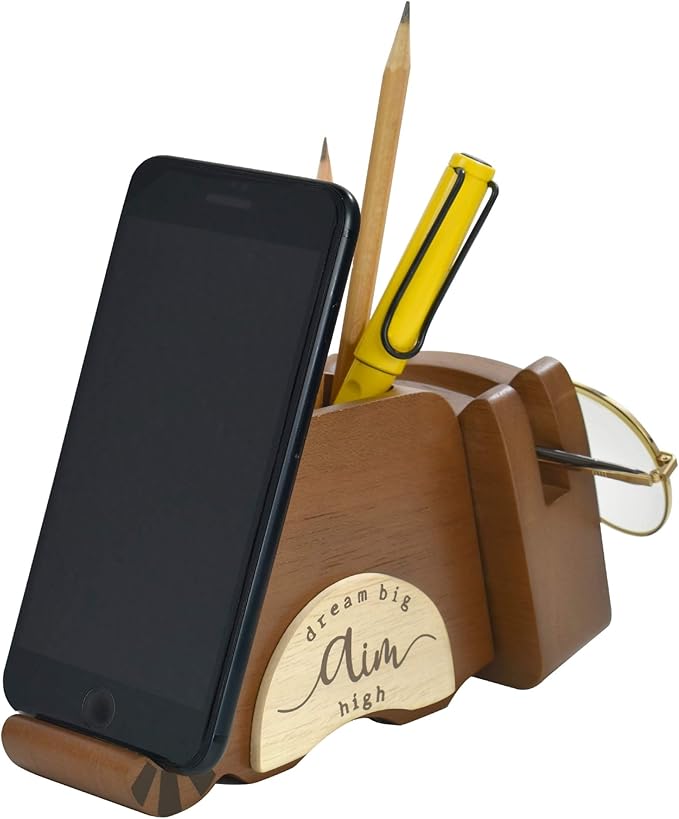 I'm Wood Multipurpose Raccoon Eyeglass Phone Pen & Pencil Holder Stand Stationery Desk Organizer Accessories Decor, for Home Office Desktop Decoration Birthday Graduation Gifts “Dream Big Aim High”