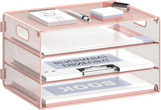 DALTACK 3 Tier Letter Tray Paper Organizer with Handle, Mesh Desk File Organizer, Paper Tray Desk Organizer for School Office Home, Metal Mesh, Pink