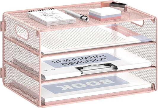 DALTACK 3 Tier Letter Tray Paper Organizer with Handle, Mesh Desk File Organizer, Paper Tray Desk Organizer for School Office Home, Metal Mesh, Pink