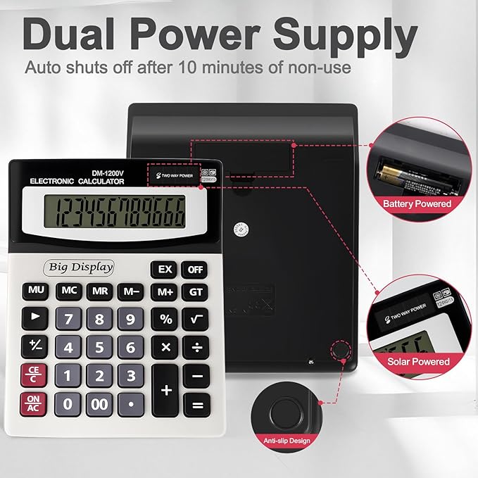 Desk Calculator, Extra Large 4in LCD Display, 12 Digits, Solar & Battery Dual Power, Calculators Desktop With Big Buttons, Auto Shut-off, Calculator for Office School Home Business Basic Black