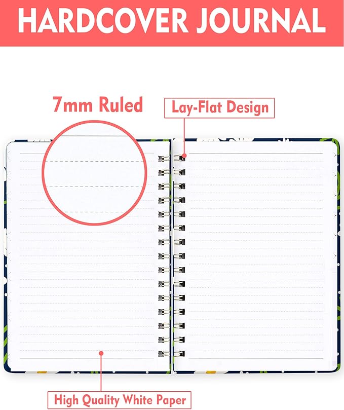WLPFSAHF Spiral Journal Notebook for Women, Hardcover A5 College Ruled Notebook, 120 Pages, Thick Paper, Cute Lined Journal for School, Office & Work, 6 x 8.4 in(Little Daisy Flower)