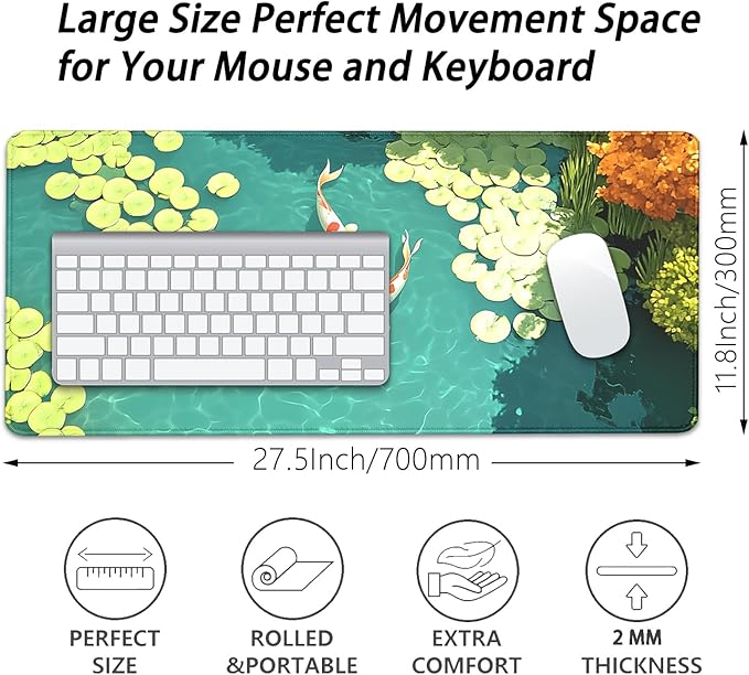 Koi Carp Fish Desk Pad Mouse Pad,Large Gaming Mouse Mat with Stitched Edges,Non-Slip Rubber Base Mousepad for Office PC Keyboard Laptop and Home Work Desk Mat(27.5X11.8 in)
