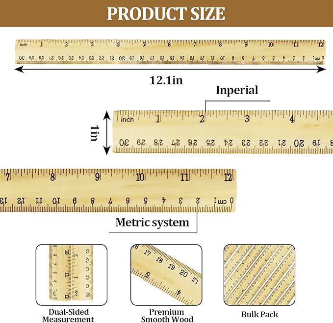 Wooden Ruler 12 Inch Bulk Dual-Sided Inches & Metric Measuring Stick for Classroom, Office, School for Teachers, Students, Artists (12 Pack)