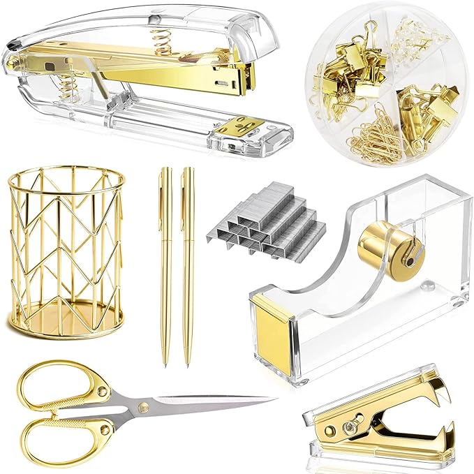 Famassi Gold Desk Accessories，Office Supplies Set Acrylic Stapler Set Staple Remover, Tape/Pen Holder, 2 Ballpoint Pen, Scissor, Binder/Paper Clips and 1000pcs Staples.