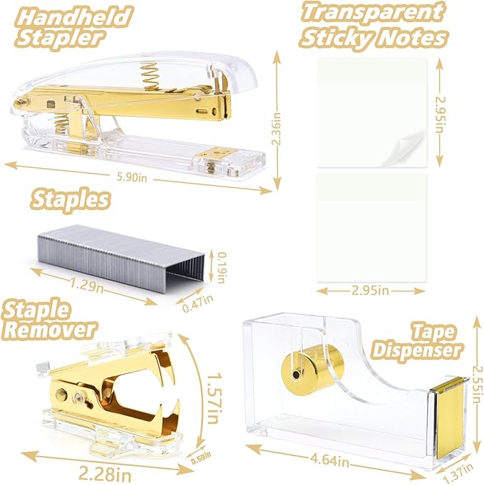 Gold Office Supplies,UPIHO Gold Desk Accessories,Stapler and Tape Dispenser Set with Large Stapler,Tape Dispenser, Staple Remover, Staples, Clips,Scissor,Pen and Sticky Notes,Gifts for Office Clerks