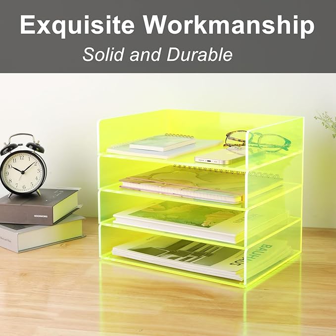 Acrylic File Organizer for Desk 4 Tiered Stackable Letter Tray Office Paper Storage Desktop Document Sorter, Neon Green
