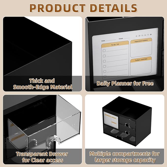 Marbrasse Desk Organizer with 3 Drawer, Multi-Functional Pencil Pen Holder for Desk, Desk Organizers and Accessories with 4 Compartments, Desktop Organizer Storage for Office Home Art Supplies (Black)