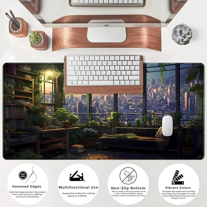 City Skyline Botanical Green Floral Desk Mat Study View from The Window Cute Office Decor Extra Large Mouse Pad Cute Desk Essentials Big Mouse Pad for Desk Pad Accessories Computer Mat 31.5x15.7 in