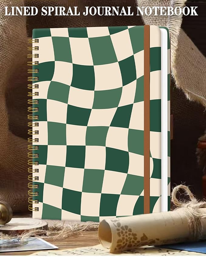 Spiral Journal Notebook for Women, Hardcover A5 College Ruled Notebook, 60 Sheet, Thick Paper, Cute Lined Journal for School, Office & Work, 6 x 8.4 in(Green Checkered)