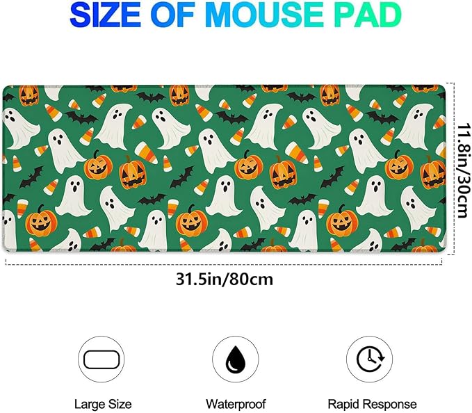 Ghost Pumpkin Gaming Mouse Pad, Extended Spooky Cute Green Desk Mat Computer Laptop Mousepad, Robust Stitched Edges, 31.5"×11.8" Large Office Keyboard Halloween Mouse Pads for Desktop Decor