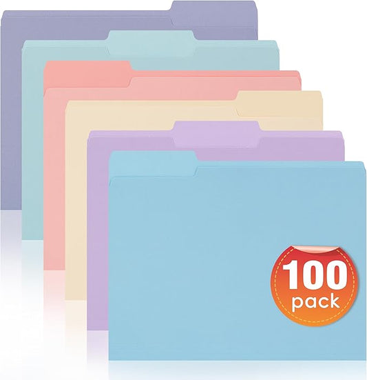 100 Packs File Folders Letter Size, 8.5 x 11 Colored File Folders 1/3 Cut Tab for Easy Labeling, for Home, Office, School Filing