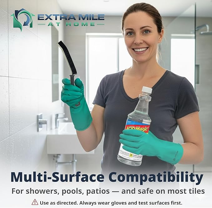 Extra Mile at Home Acid Magic 32 oz Grout Cleaner Bundle with Heavy-Duty Gloves & Grout Brush - 3 Items - Shower Tile Cleaner Removes Limescale, Calcium & Buildup on Swimming Pools and Floors