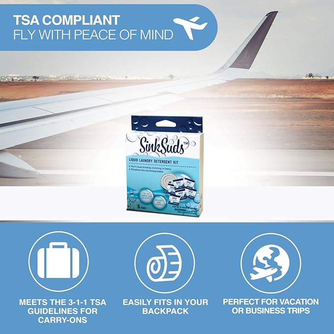 SinkSuds Laundry Detergent Travel Size Liquid Soap TSA Compliant Safe for All Fabrics 6 Packets & 1 Sink Stopper
