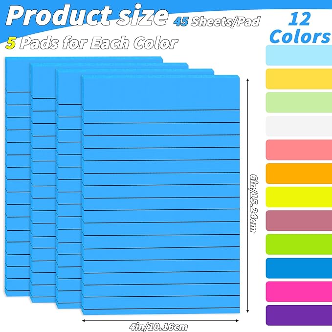 60 Pack Lined Sticky Notes Bulk 4 x 6 in Large Ruled Post Sticky Colorful Self-Stick Note Pads with Lines 12 Color Super Sticking Power Memo Pads 45 Sheets/pad for Office Home School Notebook Wall