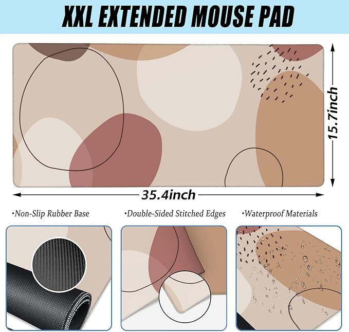Desk Pad, Boho Abstract Geometric Patterns Extended Large Gaming Mouse Pad XXL, Large Desk Mat for Desktop with Non-Slip Rubber Base Stitched Edges for Home Office 5.4"X15.7"